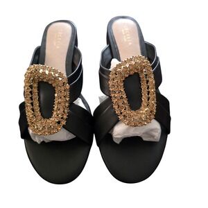 Cecelia New York Black Leather Crystal Buckle Slide Sandals Low Heel Size 7.5